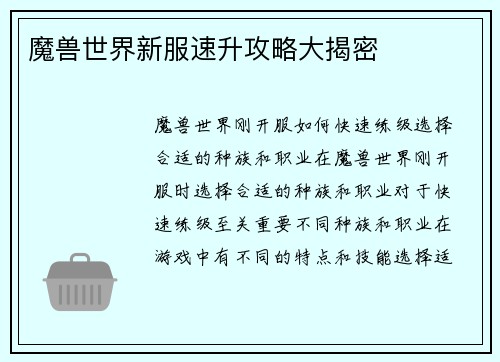 魔兽世界新服速升攻略大揭密