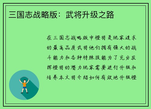 三国志战略版：武将升级之路