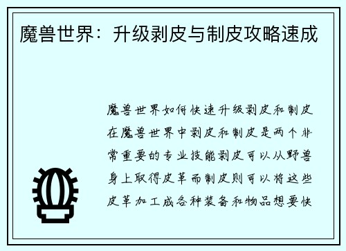 魔兽世界：升级剥皮与制皮攻略速成