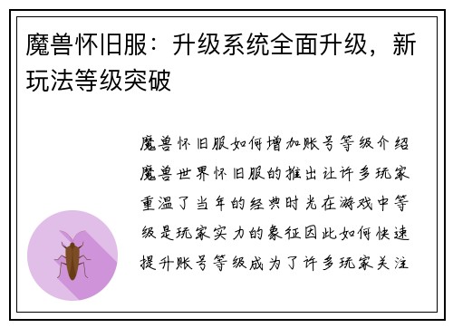 魔兽怀旧服：升级系统全面升级，新玩法等级突破